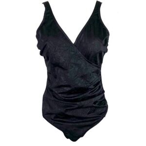 Miraclesuit Crossover V-Neck One Piece Swimsuit Size 14 Black Crinkle